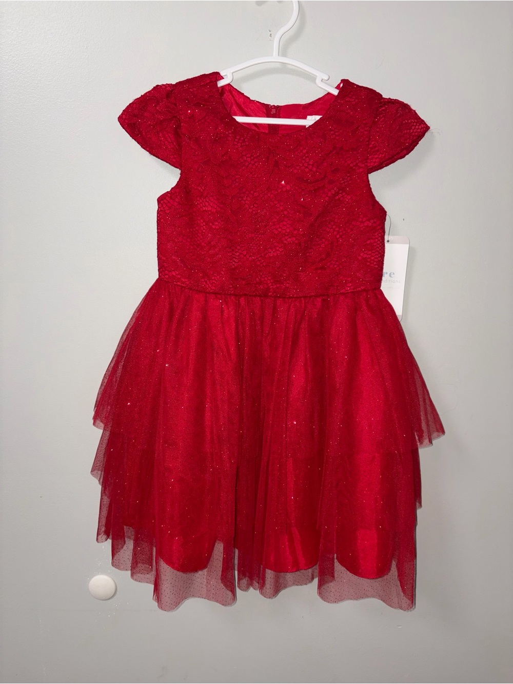 Rare Editions Red Lace Tiered Tulle Glitter Holiday Party Christmas Dress XS NWT